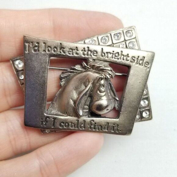 Vintage Disney Eeyore Look on the Brightside Brooch, Silver Tone Lapel Pin - Picture 7 of 7